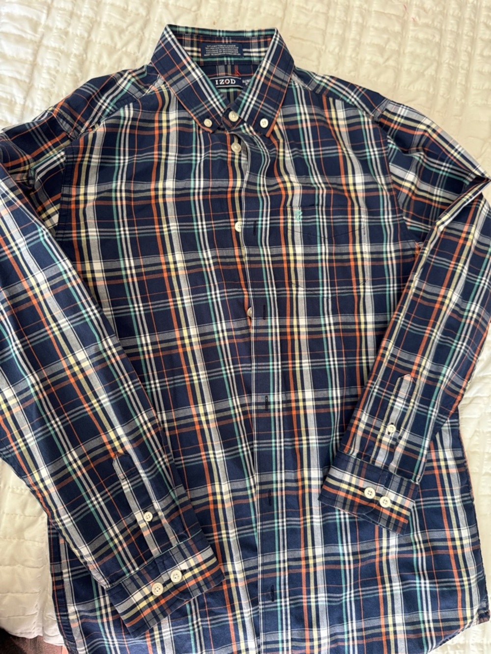 Izod Navy Plaid Button-Down Shirt with Orange and White Accents